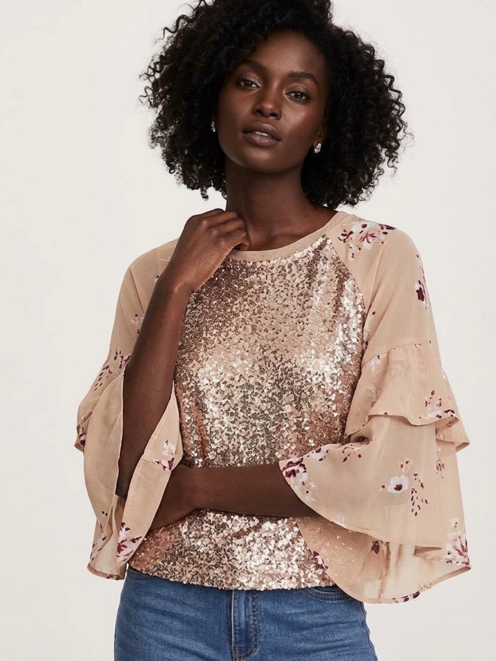 Free People Shimmy Shake Sequin Top Floral Chiffon Boho Blouse NWT Champagne Sm